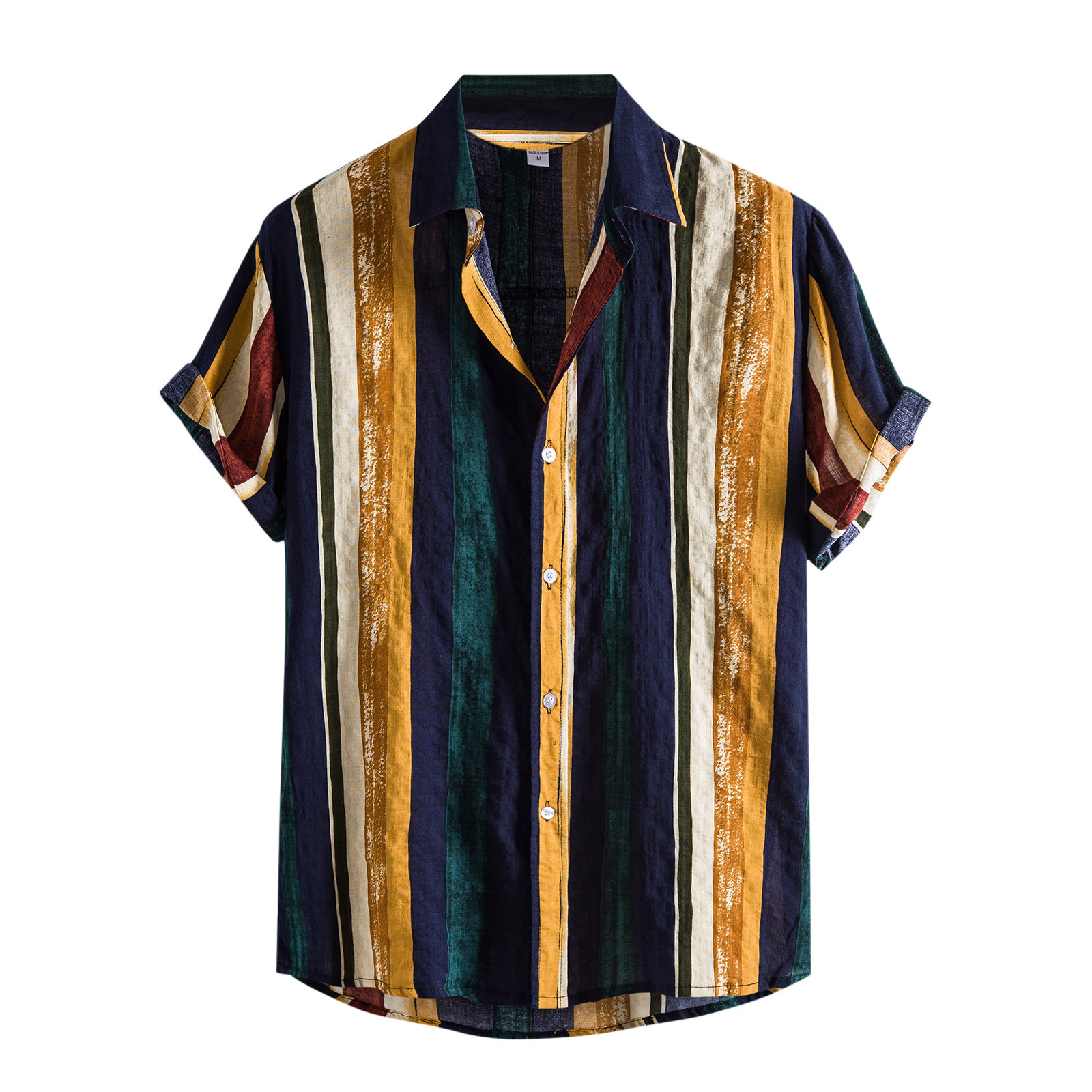 TAIAOJING Hawaiian Bowling Shirts For Men Contrast Splice Sleeve Turn-Down Button Print Short Collar Hawaiian Blouse